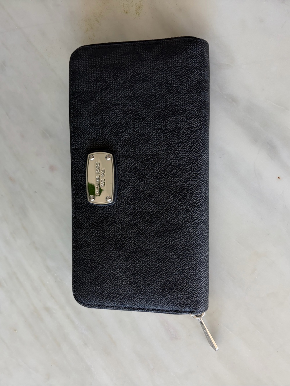 Michael Kors Black Zip-Around Continental Wallet with Silver Plaque